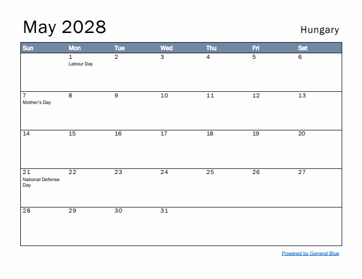 May 2028 Simple Monthly Calendar for Hungary