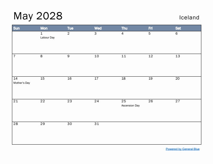 May 2028 Simple Monthly Calendar for Iceland