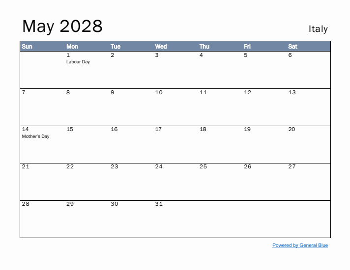 May 2028 Simple Monthly Calendar for Italy