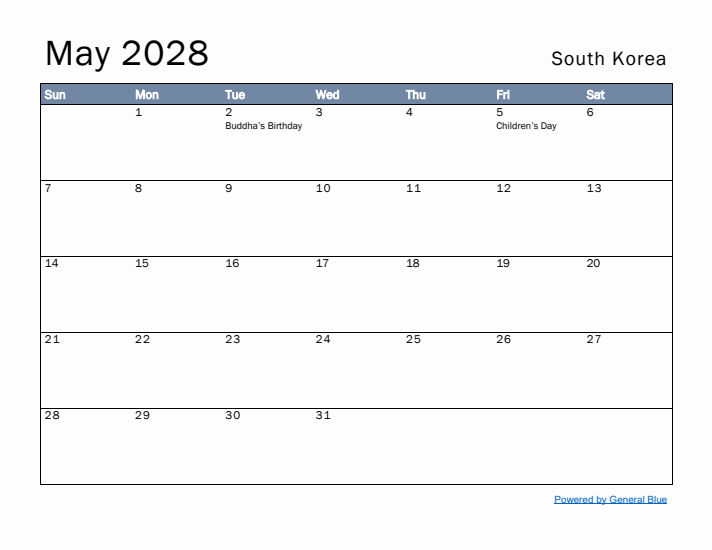 May 2028 Simple Monthly Calendar for South Korea