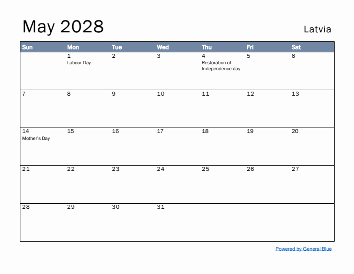 May 2028 Simple Monthly Calendar for Latvia