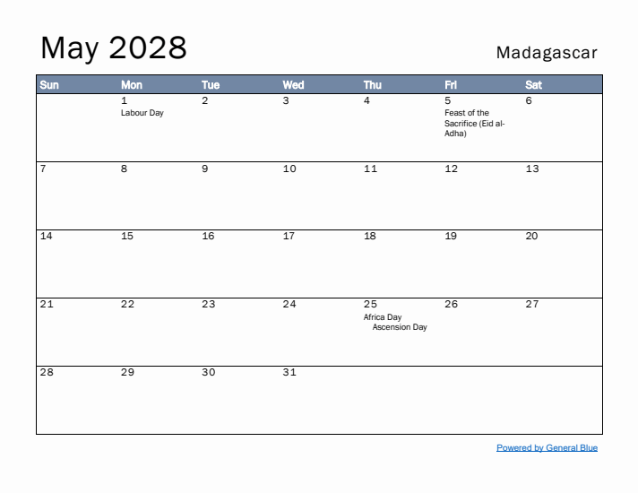 May 2028 Simple Monthly Calendar for Madagascar