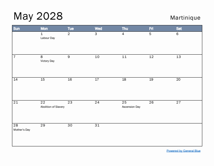 May 2028 Simple Monthly Calendar for Martinique