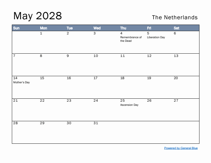 May 2028 Simple Monthly Calendar for The Netherlands