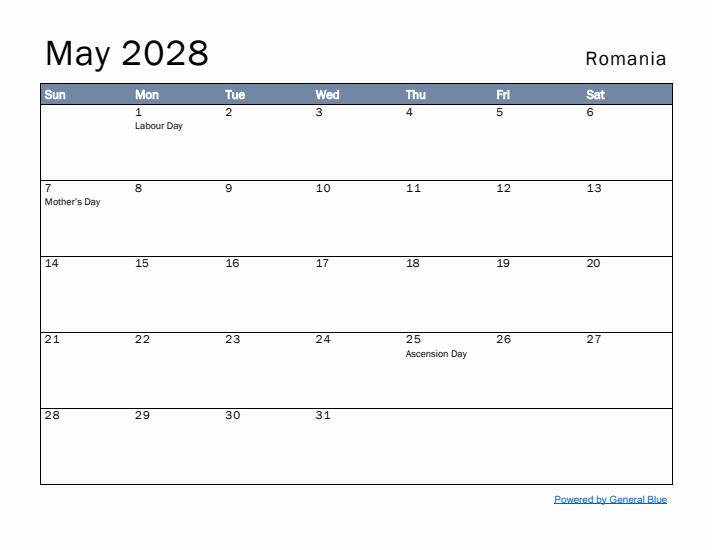 May 2028 Simple Monthly Calendar for Romania