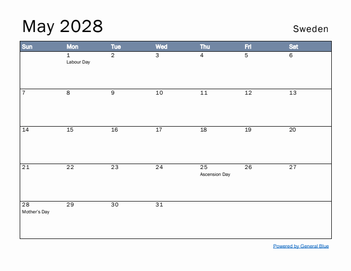 May 2028 Simple Monthly Calendar for Sweden