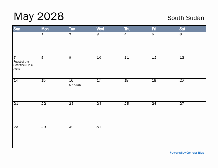 May 2028 Simple Monthly Calendar for South Sudan