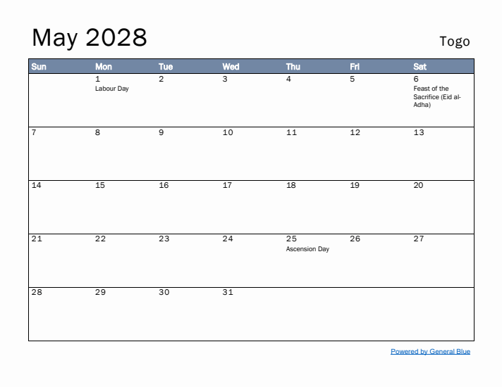 May 2028 Simple Monthly Calendar for Togo