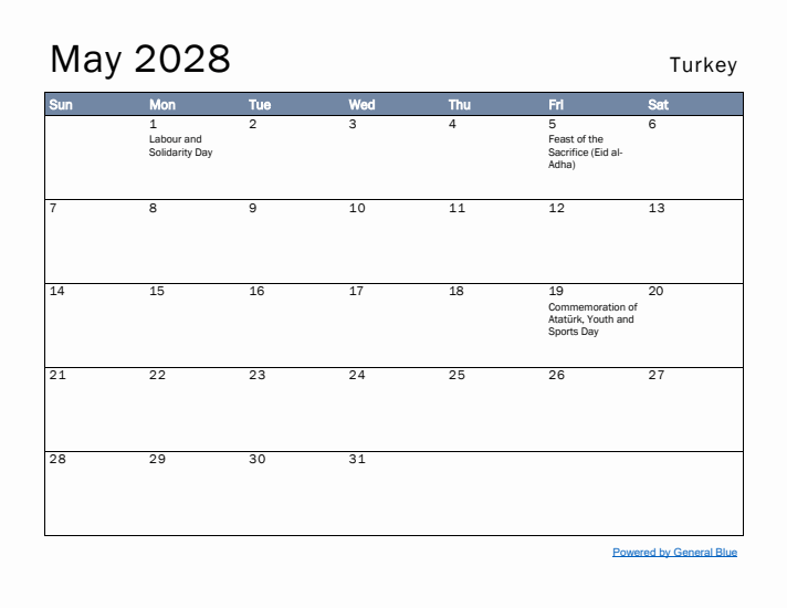 May 2028 Simple Monthly Calendar for Turkey