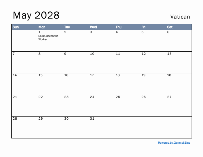 May 2028 Simple Monthly Calendar for Vatican