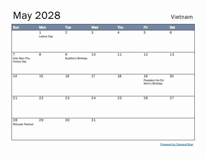 May 2028 Simple Monthly Calendar for Vietnam