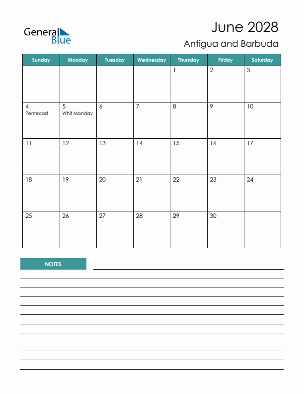 Calendar with Notes Printable - Sunday Start