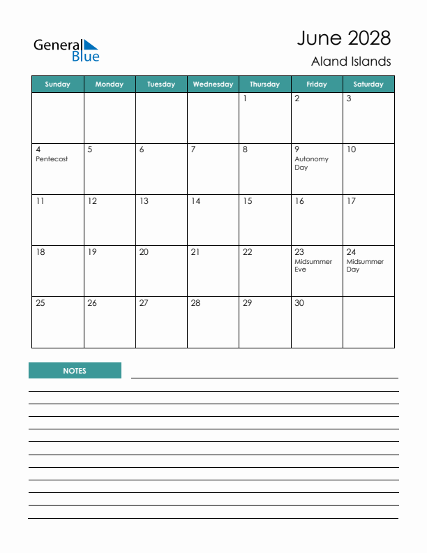 Calendar with Notes Printable - Sunday Start