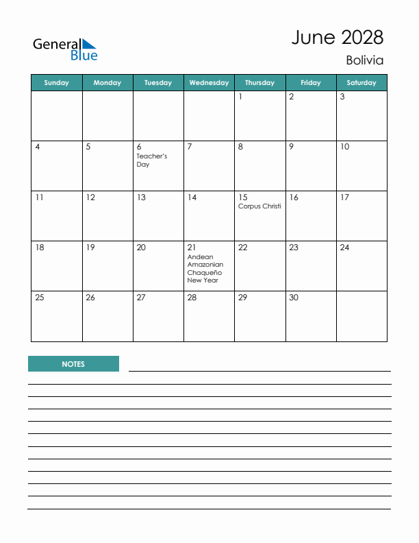 Calendar with Notes Printable - Sunday Start