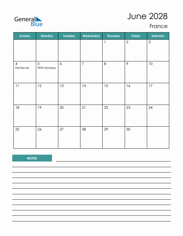 Calendar with Notes Printable - Sunday Start