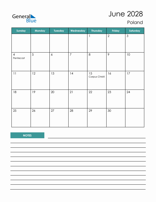 Calendar with Notes Printable - Sunday Start