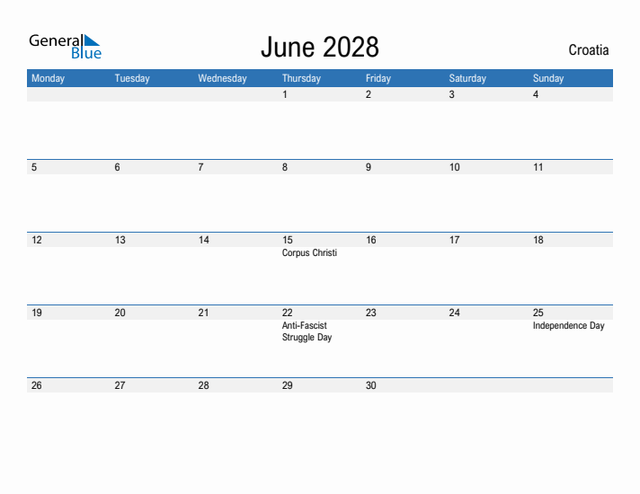 Fillable June 2028 Calendar