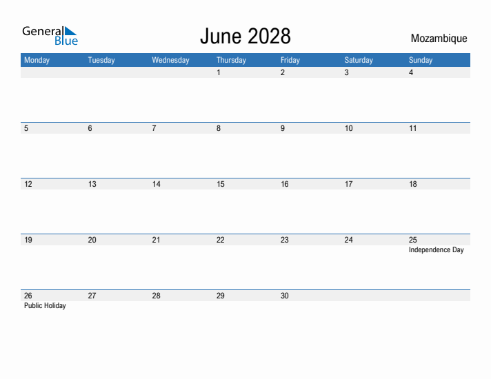 Fillable June 2028 Calendar