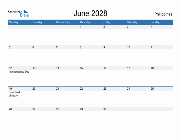 Fillable June 2028 Calendar