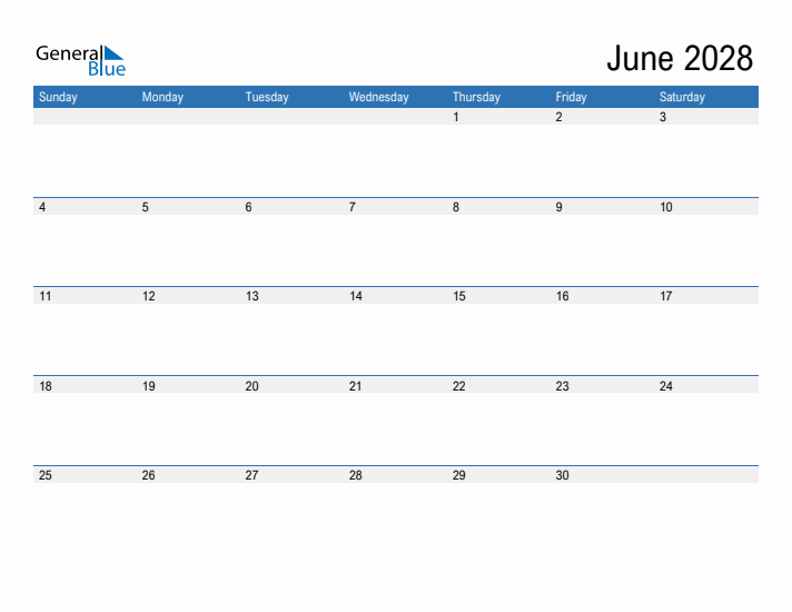 Fillable Calendar for June 2028