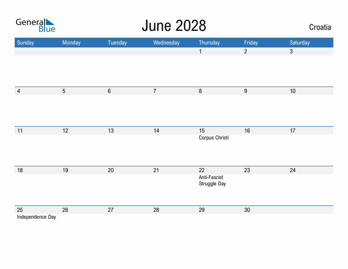 Fillable June 2028 Calendar