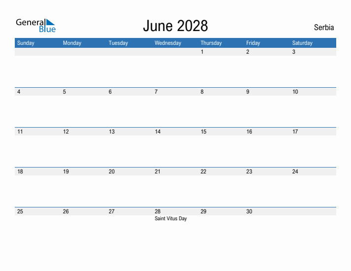 Fillable June 2028 Calendar