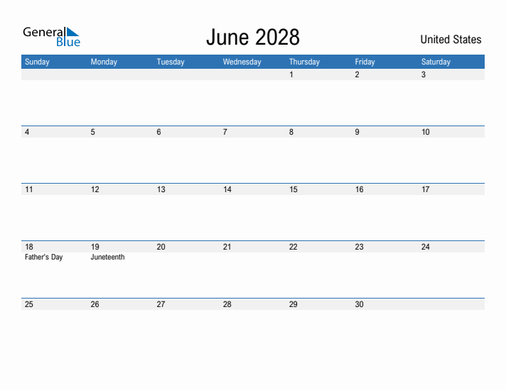 Fillable June 2028 Calendar