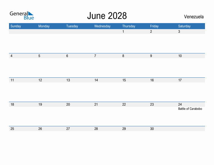 Fillable June 2028 Calendar