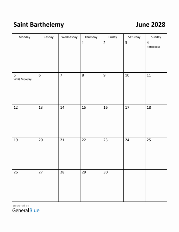 June 2028 Calendar with Saint Barthelemy Holidays