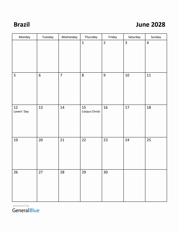 June 2028 Calendar with Brazil Holidays