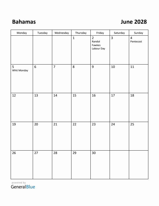 June 2028 Calendar with Bahamas Holidays