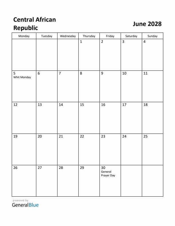 June 2028 Calendar with Central African Republic Holidays