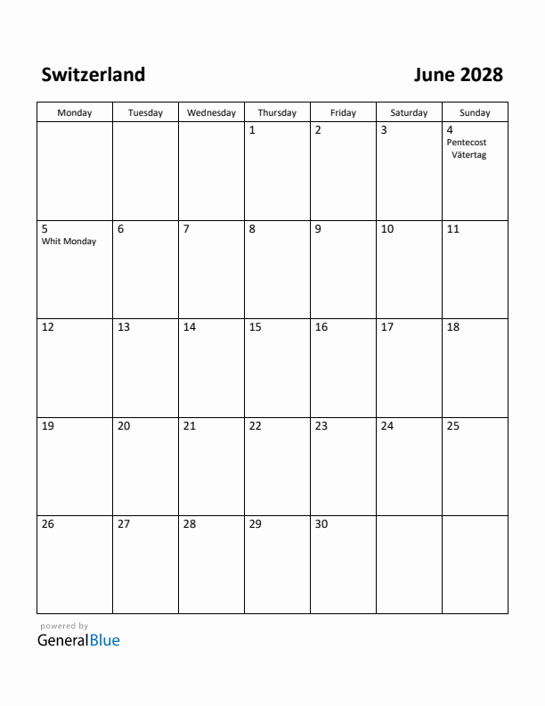 June 2028 Calendar with Switzerland Holidays