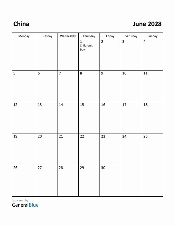 June 2028 Calendar with China Holidays