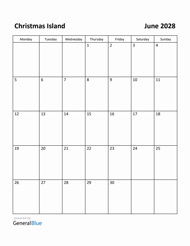 June 2028 Calendar with Christmas Island Holidays