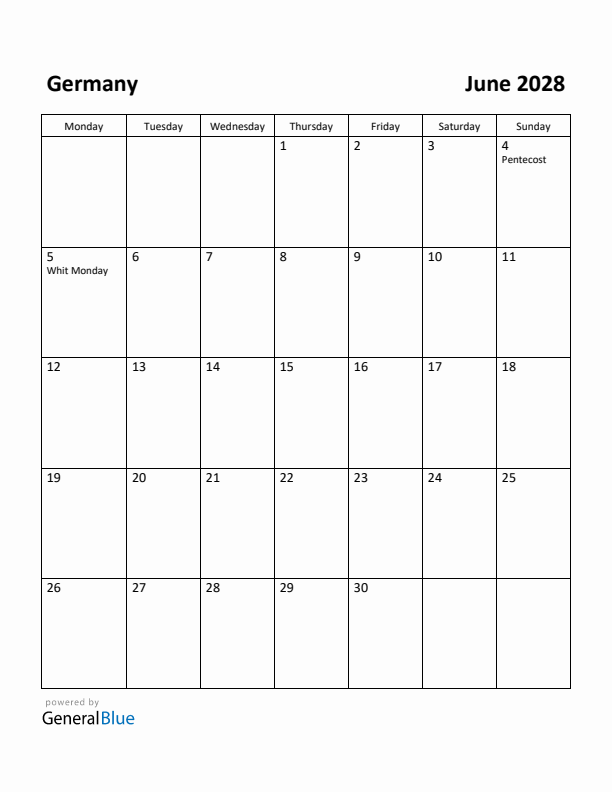 June 2028 Calendar with Germany Holidays