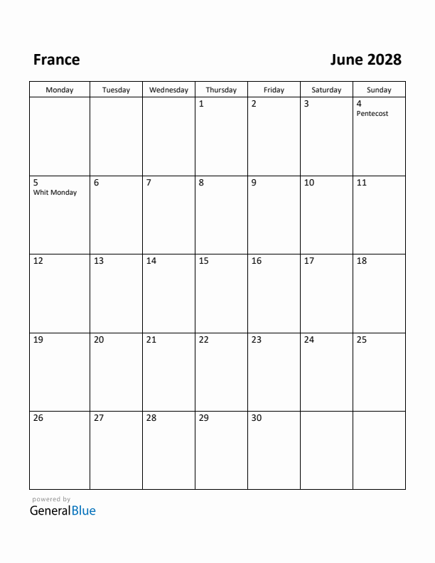 June 2028 Calendar with France Holidays