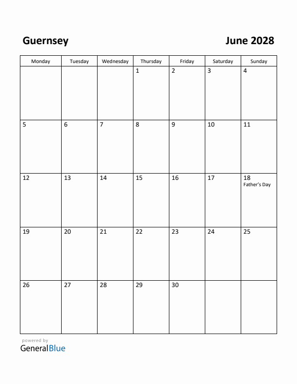 June 2028 Calendar with Guernsey Holidays