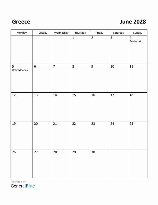 June 2028 Calendar with Greece Holidays