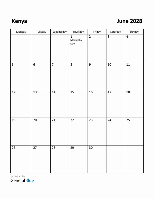 June 2028 Calendar with Kenya Holidays