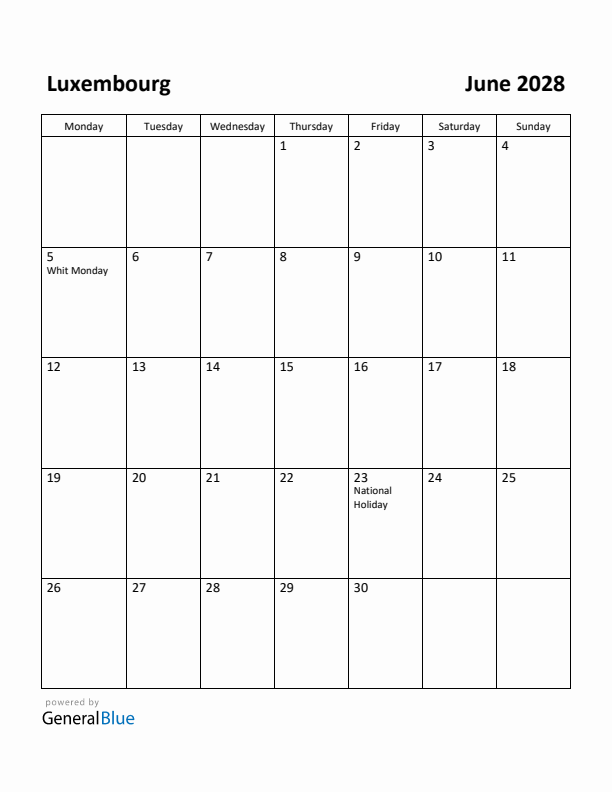 June 2028 Calendar with Luxembourg Holidays