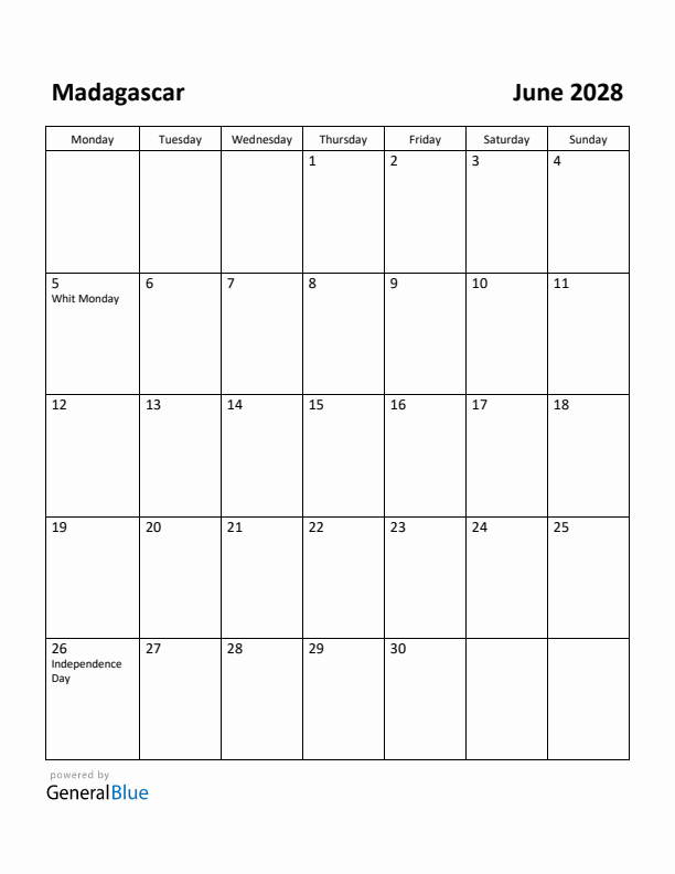 June 2028 Calendar with Madagascar Holidays