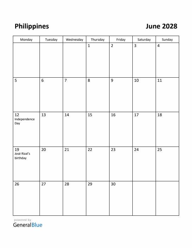 June 2028 Calendar with Philippines Holidays