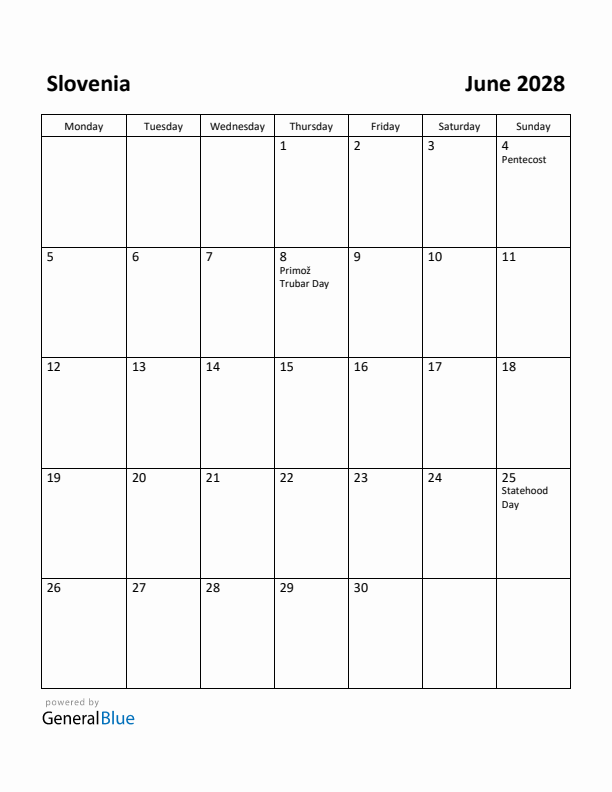 June 2028 Calendar with Slovenia Holidays