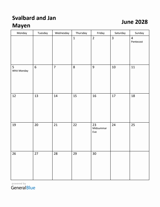 June 2028 Calendar with Svalbard and Jan Mayen Holidays