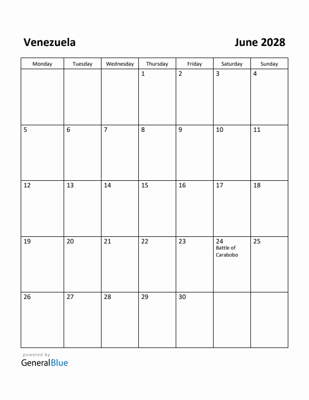 June 2028 Calendar with Venezuela Holidays