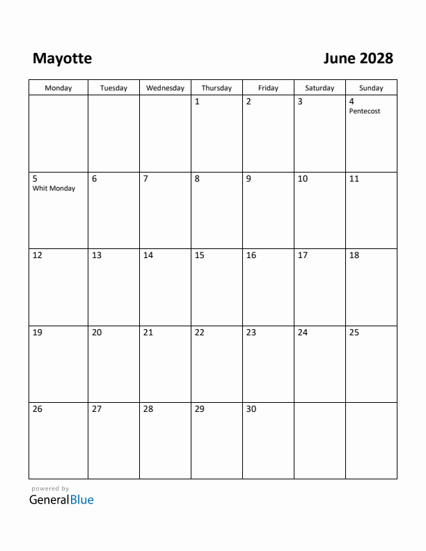 June 2028 Calendar with Mayotte Holidays