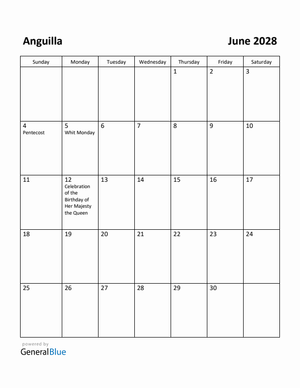 June 2028 Calendar with Anguilla Holidays