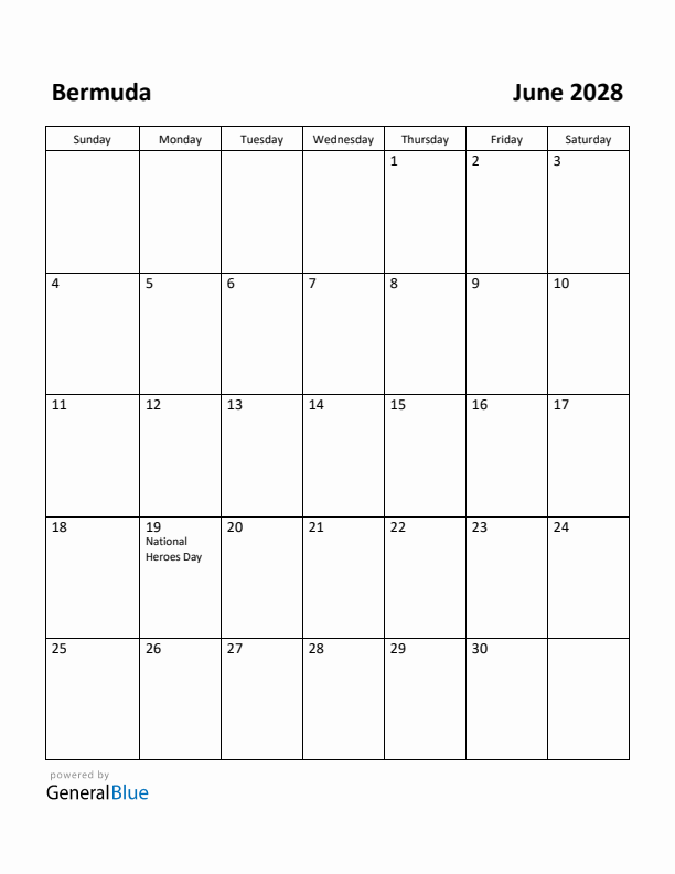 June 2028 Calendar with Bermuda Holidays