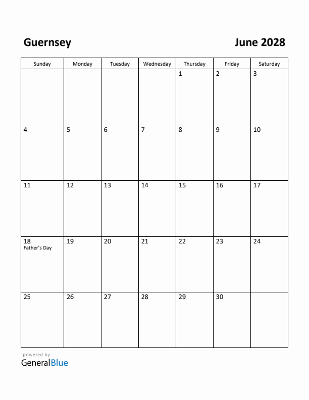 June 2028 Calendar with Guernsey Holidays